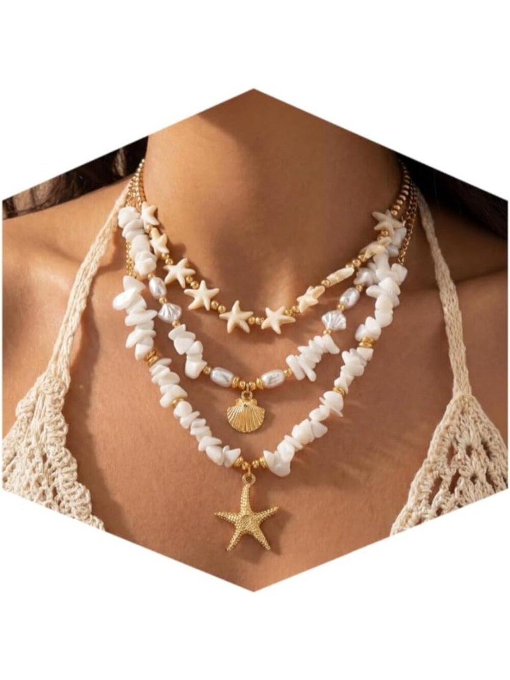 Women's Shell White Plated Layered Pendan Dainty Coastal Charm Starfish Necklace